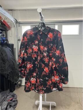 Black floral peachskin button down top